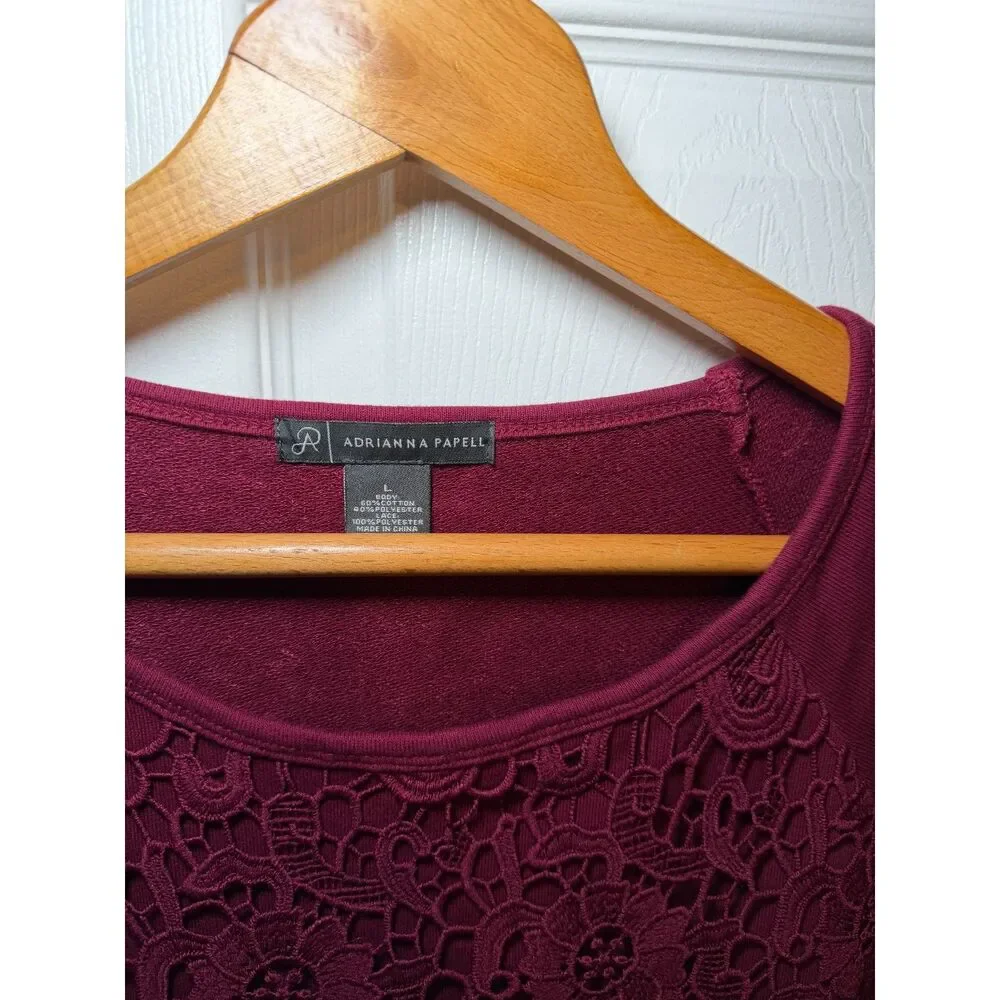 Adrianna Papell Women's Large Burgundy Lace Front Long Sleeve Top - Picture 3 of 4